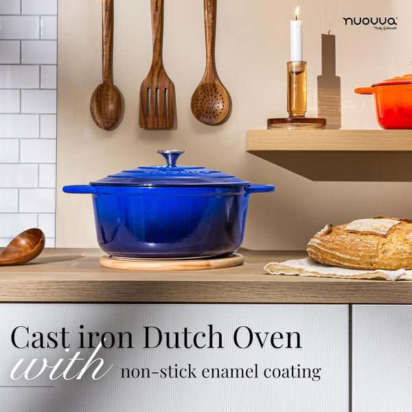 Enamelled Cast Iron Dutch Oven Pot with Lid-6.4 Quart Non Stick Casserole Pot-Heavy Duty & Oven Safe up to 500° F for Bread Baking, Braising, Stews, Roasting - 28Cm Dark Blue4