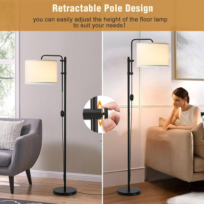 Dimmable Floor Lamp for Living Room, Adjustable Height Standing Lamp | 350° Rotate Beige Lampshade, 67.5-Inch Modern Tall Lamps for Corner Bedroom Home Office (Bulb Included)3