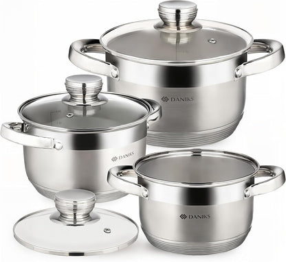 Standard 6-Piece Stainless Steel Cookware Set with Glass Lid, Tri-Ply Bases for Even Heating, Induction Compatible, Dishwasher Safe, Built-In Measuring Scale, Silver1