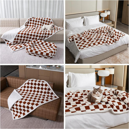 Waterproof Pet Blanket, Brown Checked Pets Throw Blankets for Dog Bed Covers Couch Sofa Stylish Jacquard for Puppy Cats Washable Reversible Furniture Protection Covers (Coffee Check,M)1