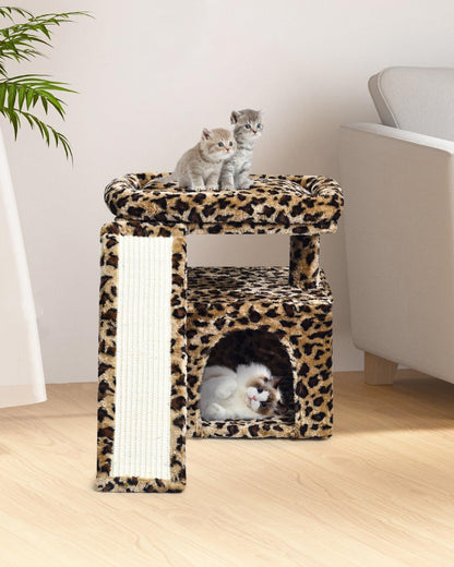Small Leopard Print Cat Tree for Indoor Cats | Short Tower with Scratching Post, Ramp Pad, Condo with Perch Bed, Kittens Play House, Hanging Plush Ball & Cave for Resting (Leopard Print)5