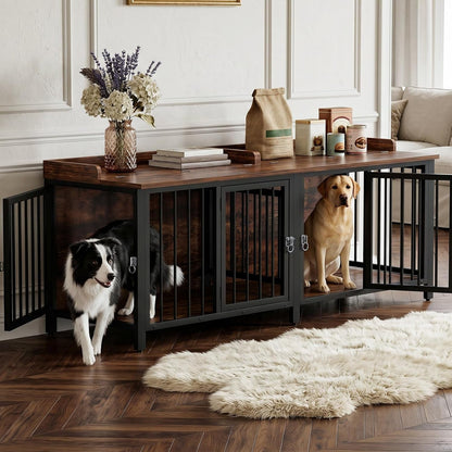 BOINN 63" Heavy Duty Dog Crate Furniture with 4 Doors, Removable Divider & Openable Top, Indoor Dog Kennel with Raised Edge Tabletop, Double Dog Cage for Medium Large Dogs, Decorative Pet Crate12