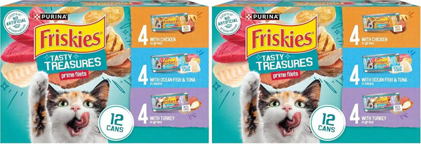 Purina Friskies Wet Cat Food Variety Pack, Tasty Treasures Prime Filets (With Ocean Fish and Tuna, with Chicken and with Turkey) - 5.5 Ounce (Pack of 12)13
