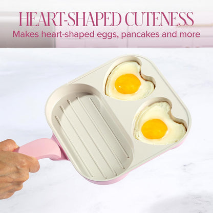 Ceramic Nonstick Divided Skillet with Heart-Shaped Sections and Grill Plate, Cast Aluminum, Dishwasher Safe, 8-Inch, Pink7