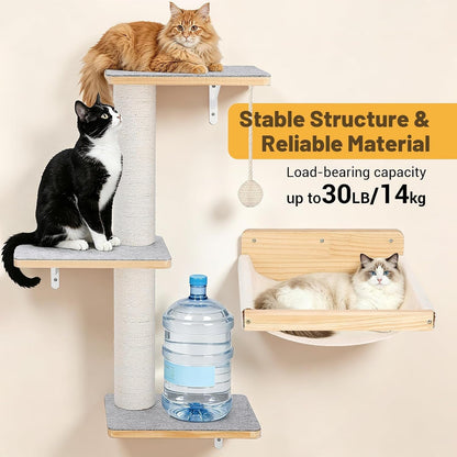 Wall Mounted Cat Shelves Set with Hammock | Sisal Scratching Posts, 3 Wooden Steps, Space-Saving Cat Tree, for Indoor Cats up to 30 Lbs3