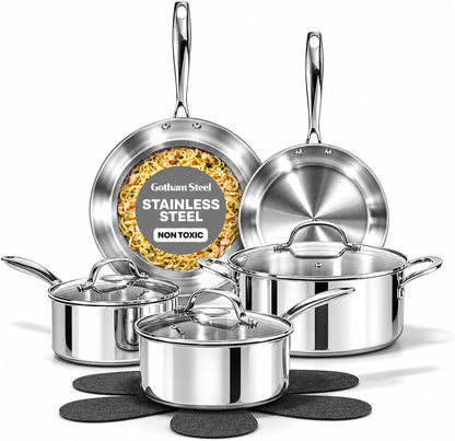 10 Pcs Tri Ply Stainless Steel Cookware Set, Pots and Pans Set with Induction Bottom, Made without PTFE PFOA PFOS, Metal Utensil Safe, Oven and Dishwasher Safe1