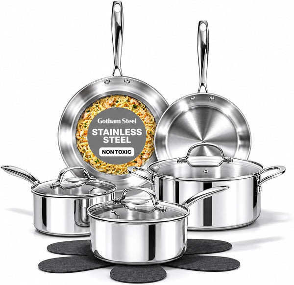 10 Pcs Tri Ply Stainless Steel Cookware Set, Pots and Pans Set with Induction Bottom, Made without PTFE PFOA PFOS, Metal Utensil Safe, Oven and Dishwasher Safe1