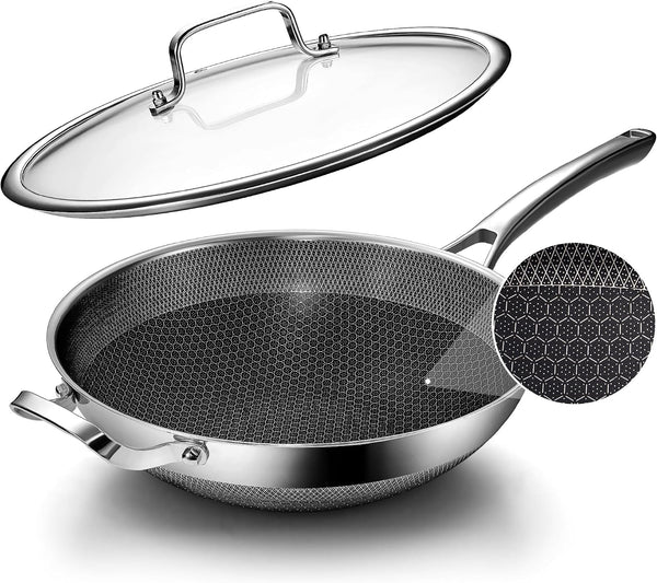 Wok Pan,12 Inch Hybrid Wok with Lid,Pfoa Free Cookware,Non Stick Stainless Steel Woks & Stir-Fry Pans Nonstick, Dishwasher and Oven Safe, Works on Induction1