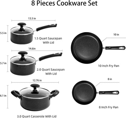 8 Piece Pots and Pans Set Non Stick, Non Stick Kitchen Cookware Set with 20Cm & 26Cm Frying Pans and 16Cm, 18Cm Saucepans with Lids and 20Cm Casserole Pot with Lid, Induction Compatible Pots,Black2