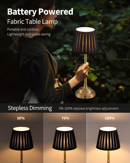 Gold Cordless LED Table Lamps Set of 2, Black Fabric Shade Desk Lamps | Portable 4000Mah Rechargeable Battery Powered, Dimmable Lighting for Dining Room, Bedroom, Bedside, Night Light, Balcony4