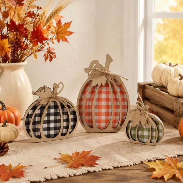 3 Pcs Pumpkin Signs, Buffalo Plaid Fall Table, Mantel Home Decor | 4.7"X9.1" Wooden Black White Checkered Pumpkin, Autumn Thanksgiving Decorations Indoor, Tabletop, Tiered Tray, Shelf, Kitchen8