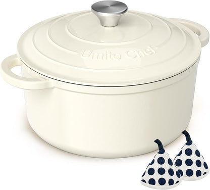 Enameled Cast Iron Dutch Oven -  5QT Pot with Lid & Cotton Potholders - Heavy-Duty Cookware for Bread Baking, Braising, Stews, Roasting(Cream White)1