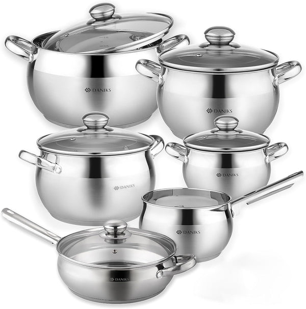 Classic 11-Piece Stainless Steel Cookware Set with Glass Lids, Includes Saucepan and Frying Pan with Lid, Tri-Ply Bases for Even Heating, Induction Compatible, Dishwasher Safe1