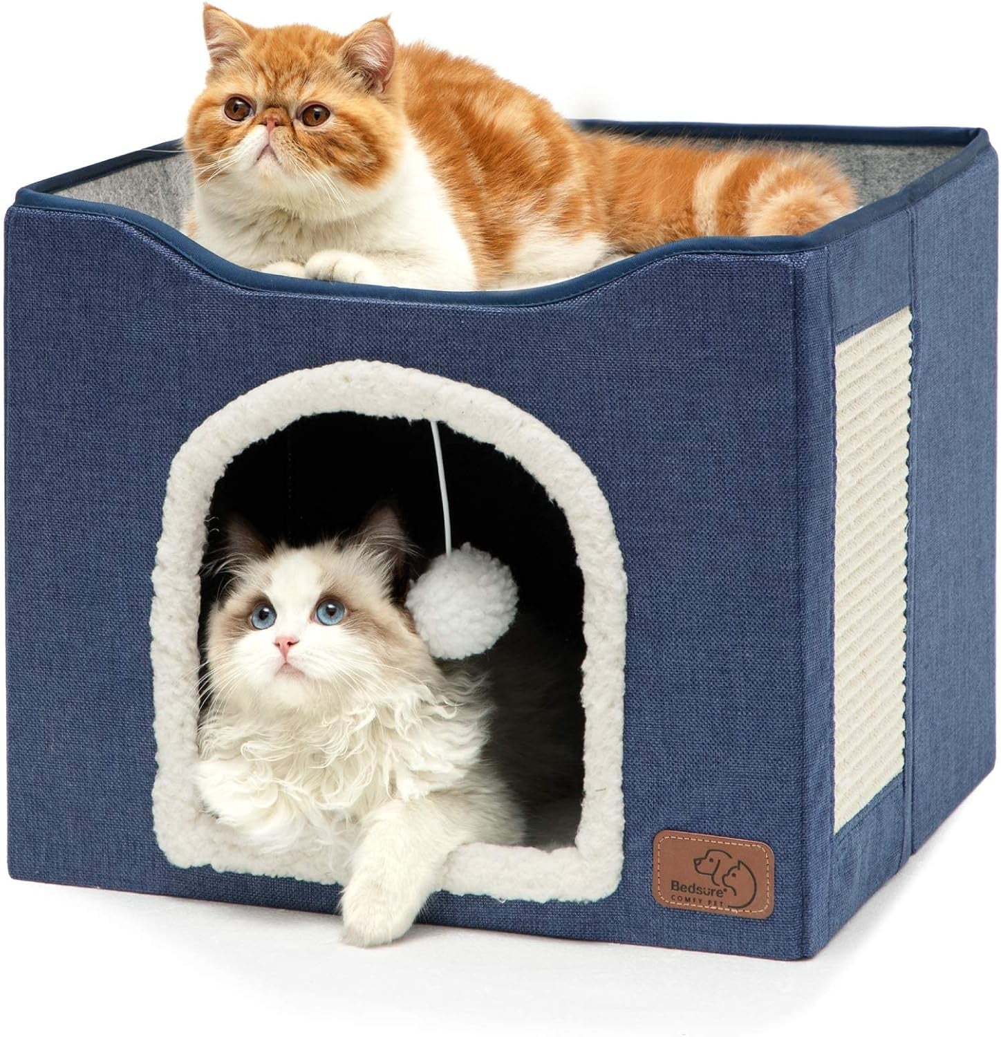 bedsure-cat-house-bed-for-indoor-cats-with-fluffy-ball-and-scratch-pad-grey-16-5x16-5x13-in-large-cat-cave-for-multiple-pets-foldable-cat-hideway-cube-for-sleeping-kitten