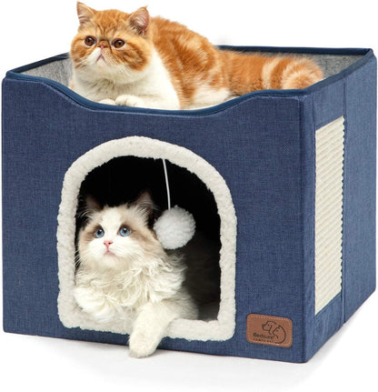 Bedsure Cat House Bed for Indoor Cats with Fluffy Ball and Scratch Pad,Grey | 16.5X16.5X13 In,Large Cat Cave for Multiple Pets,Foldable Cat Hideway Cube for Sleeping Kitten12