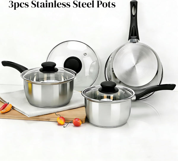 3Pcs Stainless Steel Saucepan Set, Kitchen 1QT & 2QT & 3QT Pot Set with Lid Triply Base Sauce Pot for Cooking Stainless Steel Cookware Set7