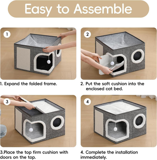Cat Beds for Indoor Cats,Large Cat Cave House with Scratch Pad and Fluffy Ball,Foldable Cat Condo Hideaway, Modern Kitten Bed, Grey7