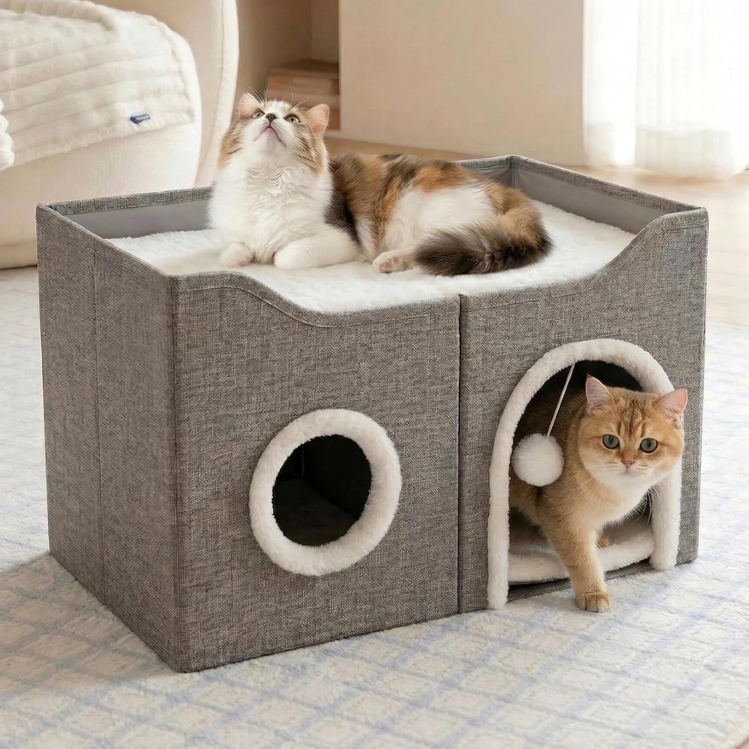 eolahalcy-cat-beds-for-indoor-cats-large-cat-cave-for-pet-cat-house-with-fluffy-ball-hanging-and-scratch-pad-foldable-cat-houses-for-large-indoor-cats-cat-hideaway-23-8x15-9x13-2-inches-grey