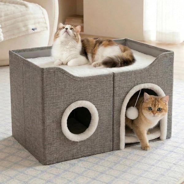 Eolahalcy Cat Beds for Indoor Cats - Large Cat Cave for Pet Cat House with Fluffy Ball Hanging and Scratch Pad, Foldable Cat Houses for Large Indoor Cats,Cat Hideaway, 23.8X15.9X13.2 Inches, Grey2