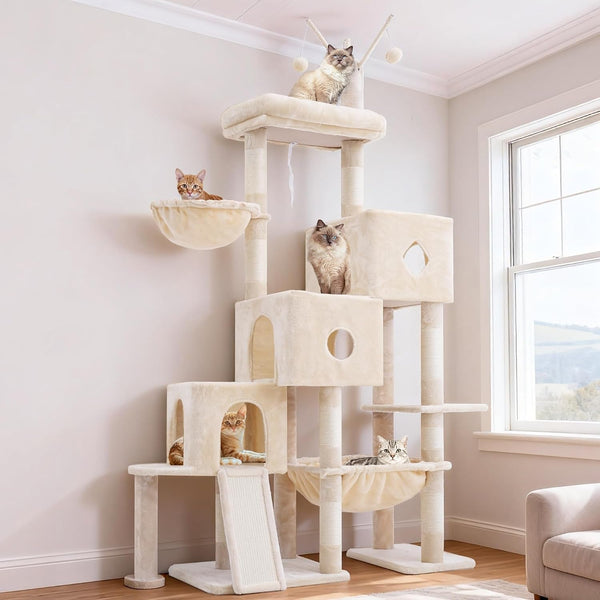 Hey-Brother Cat Tree Tower with 3 Condos, Step Climbing Pathway MPJ081G | 74.8 Inches Scratching Post with 3 House, Hammock, Large Basket, Cozy Bed, Sisal Board, Toys for Big Indoor Cats, Smoky Gray13
