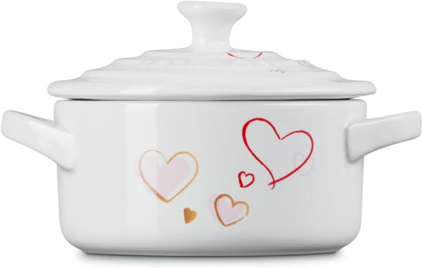 Le Creuset Stoneware Classic round Mini Cocotte, 8 Oz., White with Hearts | Mon Coeur Collection4