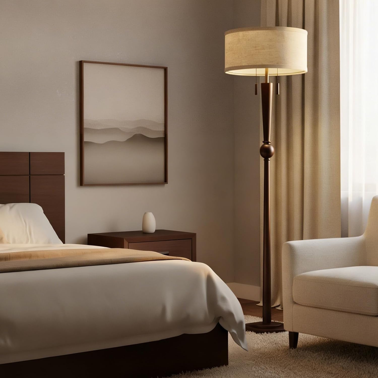 solid-wood-floor-lamp-for-living-room-with-wooden-pull-chains-62-8-tall-sculptural-wood-base-stem-17-linen-drum-shade-2-light-standing-lamp-for-bedroom-reading-corner-bulbs-included