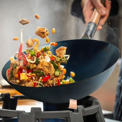 Pre-Seasoned Blue Carbon Steel Wok Pan, 13.5 Inch round Bottom Stir Fry Pan for Gas Stovetops - Heavy Duty Chinese Cookware with Stay-Cool Wooden Handle (5 Quart)7