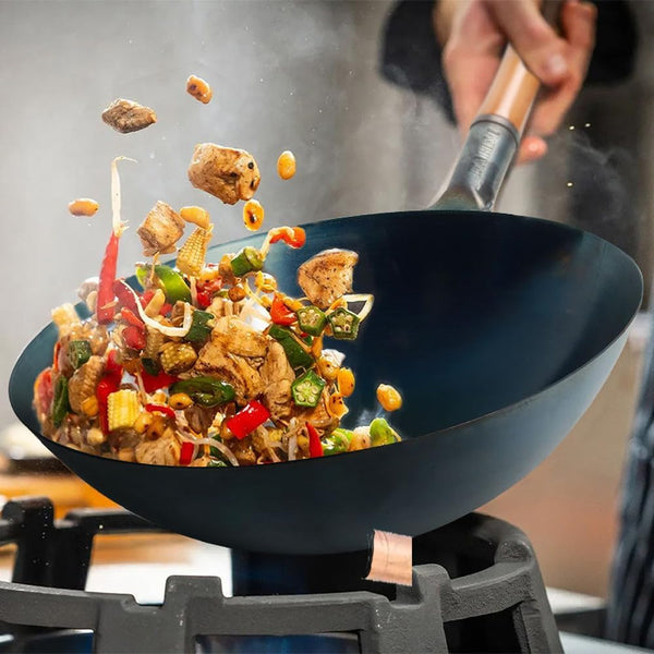 Pre-Seasoned Blue Carbon Steel Wok Pan, 13.5 Inch round Bottom Stir Fry Pan for Gas Stovetops - Heavy Duty Chinese Cookware with Stay-Cool Wooden Handle (5 Quart)7