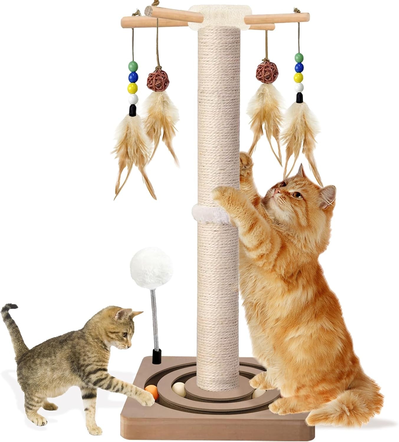 paroto-cat-scratching-post-sisal-cat-tree-tower-scratcher-for-indoor-cats-adults-with-interactive-toys-double-ball-track-2-mounting-methods-25-inches