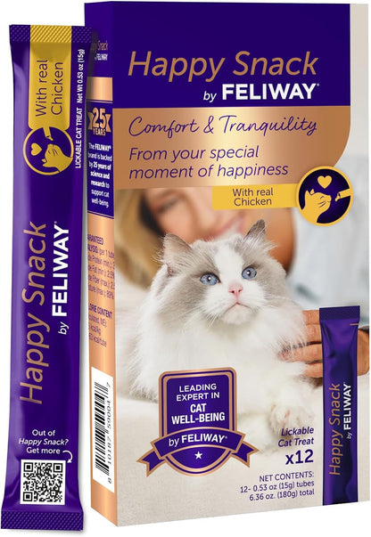 Happy Snack by FELIWAY®, Delicious, Lickable, Squeezable Purée Cat Treats for a Daily Calming Routine, Made with Real Chicken, 12 Pack (0.5Oz Tubes)1