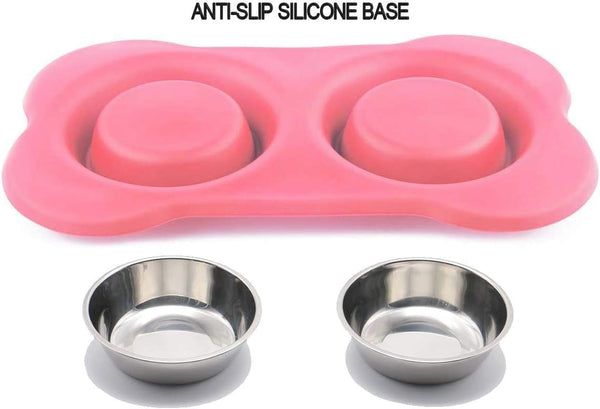 Asfrost Dog Food Bowls Stainless Steel Pet Bowls & Dog Water Bowls with No-Spill and Non-Skid, Feeder Bowls with Dog Bowl Mat for Dogs Cats and Pets-Pink, 24 0Z in Total6