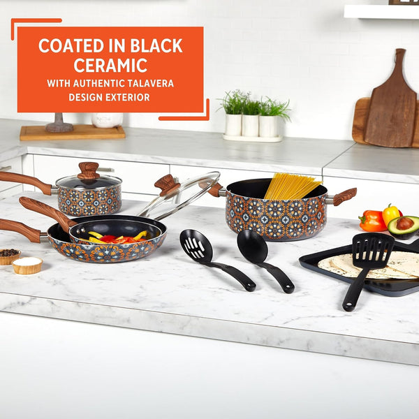 10 Piece Talavera Aluminum Black Ceramic Cookware Set | Black Ceramic Nonstick Coating, Cool-Touch Handles and Glass Lid, Ideal for Mexican Dishes, Great for Gifting4
