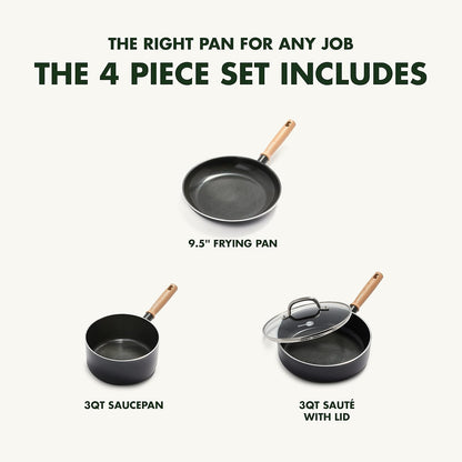 Hudson Healthy Ceramic Nonstick, 4 Piece Cookware Pots and Pans Set, Vintage Wood Inspired Handle, Pfas-Free, Dishwasher Safe, Black2