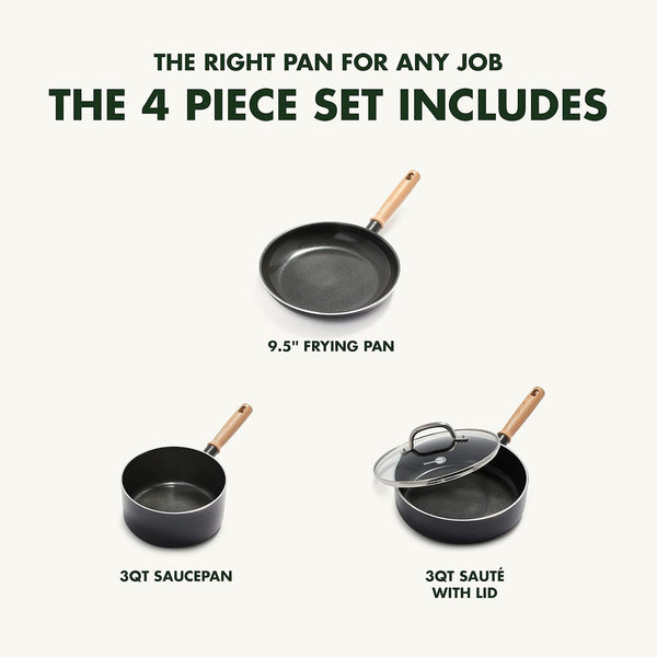 Hudson Healthy Ceramic Nonstick, 4 Piece Cookware Pots and Pans Set, Vintage Wood Inspired Handle, Pfas-Free, Dishwasher Safe, Black2