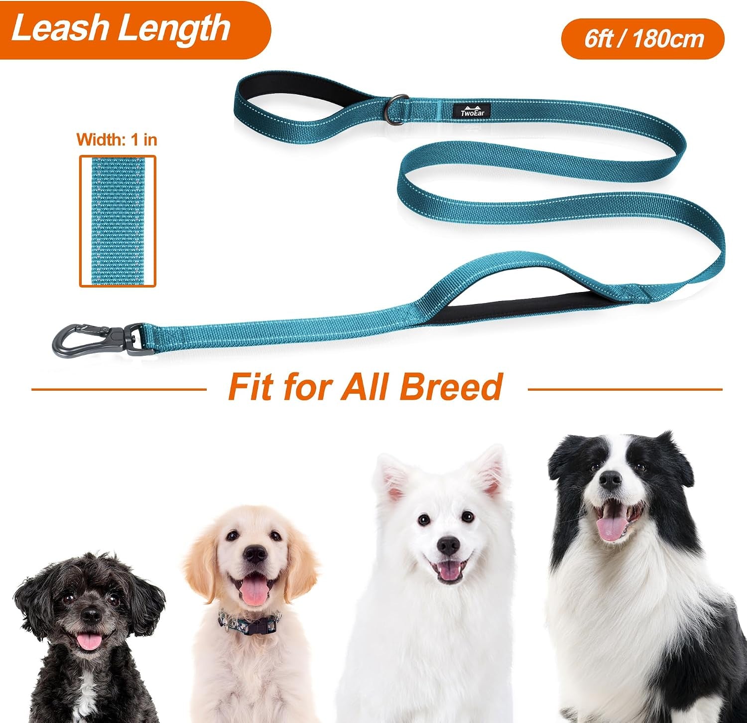 twoear-6ft-1in-strong-blue-dog-leash-with-2-padded-handles-traffic-handle-extra-control-comfortable-soft-dual-handle-auto-lock-hook-reflective-walking-lead-for-small-medium-and-large-dogs