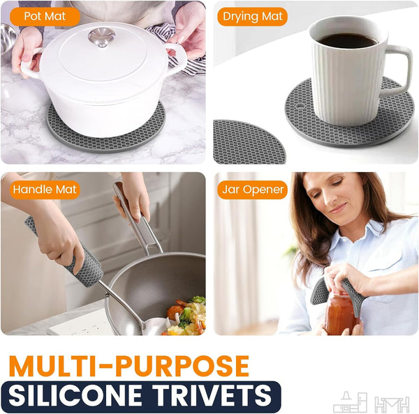 Silicone Trivet Mats 4 Heat Resistant Pot Holders Multipurpose Non-Slip Hot Pads for Kitchen Potholders, Drying Mat, Jar Opener, Spoon Holder, Coaster(Dark Grey)3