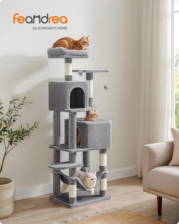 Feandrea Cat Tree, 59.5-Inch Tall Cat Tower, Plush Multi-Level Condo with 5 Scratching Posts, 2 Perches, 2 Caves, Hammock, 2 Pompoms, Light Gray UPCT192W012