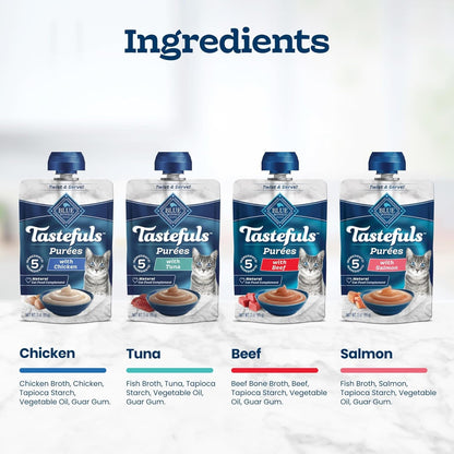 Blue Buffalo Tastefuls Purees Variety Pack Cat Food Topper, 3 Oz, 12 Ct | Chicken, Tuna & Beef, Just 5 Ingredients, Resealable Twist-Cap Pouches5