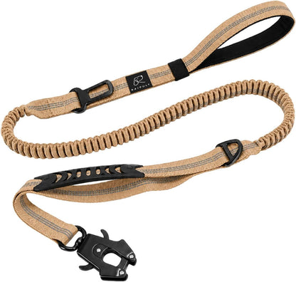 Raipult Tactical Dog Leash Heavy Duty, 4-6FT Shock Absorbing Bungee Leash with Quick Release Clip& 2 Handles, No Pull Waking Lead with Car Seatbelt for Medium Large Dogs That Pull,Khaki1