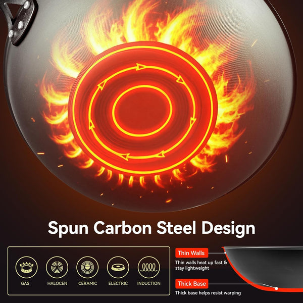 Carbon Steel Wok Pan - 12.6 Inch Flat Bottom Wok, Premium Stir Fry Pan, Uncoated Iron Woks for Induction Cookware and Gas Stoves3