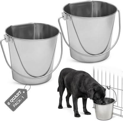Flat Side Stainless Steel Bucket 2 Quart Hanging Feeding Utility Pail for Small Dog Cat Birds, Fits Kennel Cage Compatible, Heavy Duty Food & Water Feeder, 0.5 Gallon Silver Bucket 4 Pack15