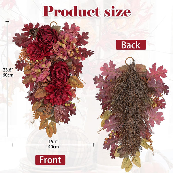 24" Fall Swag Fall Swags for Front Door Decorating Teardrop Swag with Red Hydrangea Peonies Dahlia Handmade Fake Autumn Wreath Outdoor Indoor Halloween Farmhouse Harvest Decorations for Home2