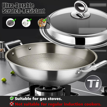Titanium Wok, Titanium Pans for Cooking, Hammered Pan Pro Cookware | round Bottom Double Handles, PFAS/PFOA/PTFE Free, Non Stick Ultra-Durable Scratch-Resistant Even Heating, with Lid 17.72In3