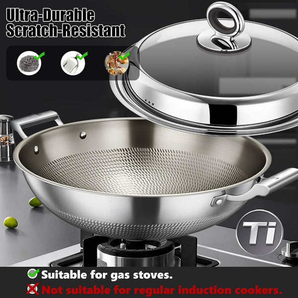 Titanium Wok, Titanium Pans for Cooking, Hammered Pan Pro Cookware | round Bottom Double Handles, PFAS/PFOA/PTFE Free, Non Stick Ultra-Durable Scratch-Resistant Even Heating, with Lid 17.72In3