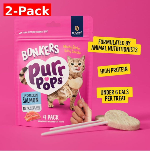 Bonkers Purrpops, Freeze Dried Salmon Flavored Lollipop Cat Treats, Cat Treats, Treats for Training, for All Breeds and Ages, Food Topper (8 Pieces) 2-Pack2