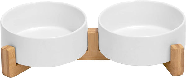 SPUNKYJUNKY Ceramic Dog and Cat Bowl with Wood Stand Non-Slip Matte Glaze Weighted Food Water Set for Cats &Small Dogs 13.5OZ32