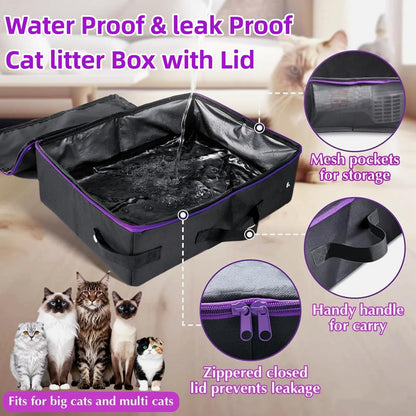 20X14X6.5 Inches, Large Portable Cat Travel Litter Box with Zipped Lid & 10 Liners, Leak-Proof, Lightweight, Sturdy & Waterproof and Foldable Travel Cat Litter Box for Hotels, Car, & Camping5