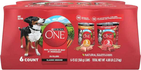 Purina ONE Classic Ground Chicken and Brown Rice, and Beef and Brown Rice Entrees Wet Dog Food Variety Pack - (Pack of 6) 13 Oz. Cans1