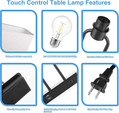 Bedside Touch Control 3 Way Dimmable Table Lamp with Cream Fabric Shade | Dual USB Charging Ports 1 AC Outlet, Modern Nightstand Lamp, Desk Lamp for Bedroom Living Room Office with 5000K LED Bulb5