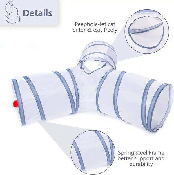 Cat Tunnel, Collapsible Tube with 1 Play Ball Toys, 3 Ways Tunnels for Indoor Cats, Puppy, Kitty, Kitten, Rabbit (White and Gray)4